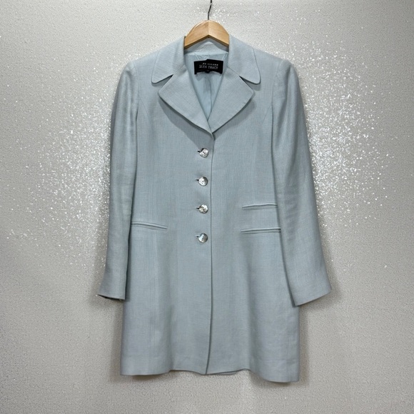 Linda Allard Ellen Tracy 100% Linen Long Blazer Coat Petite 4 Light Blue - Picture 8 of 8
